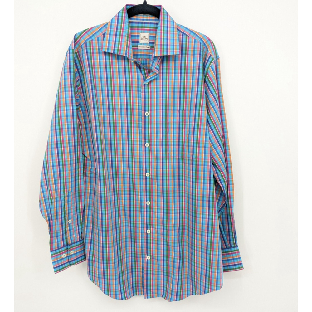 Peter Millar Shirt Mens Medium Blue Colorful Plaid Long Sleeve Button Up Preppy